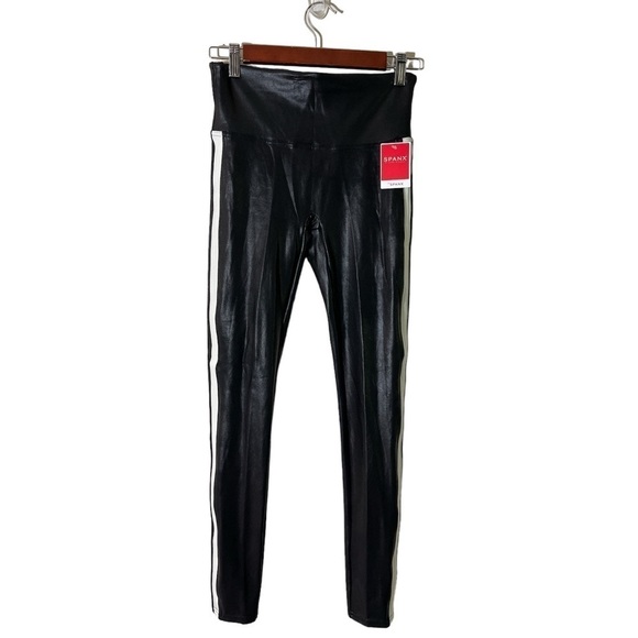 Spanx Faux Leather Side Stripe Leggings in Very Black/White size Medium - Picture 8 of 14